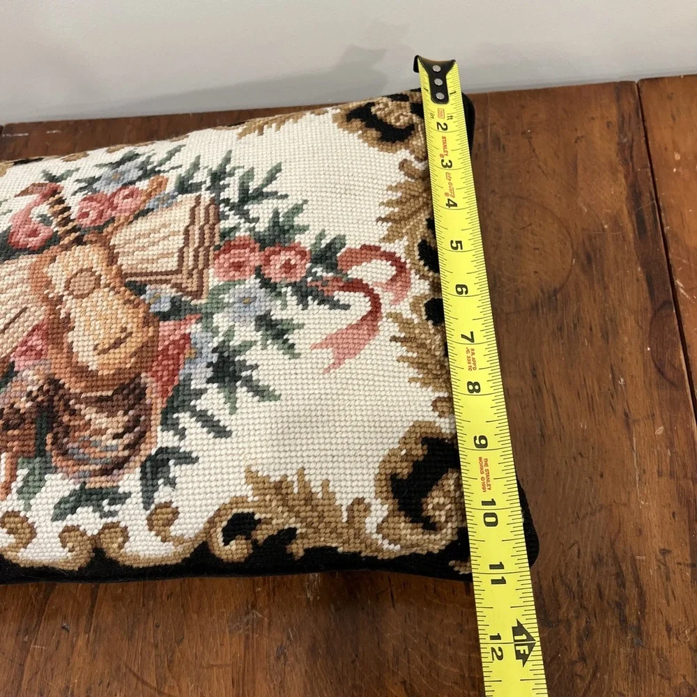 Handmade Needlepoint Pillow Violin Black Gold Velvet Zipper Back 15x11